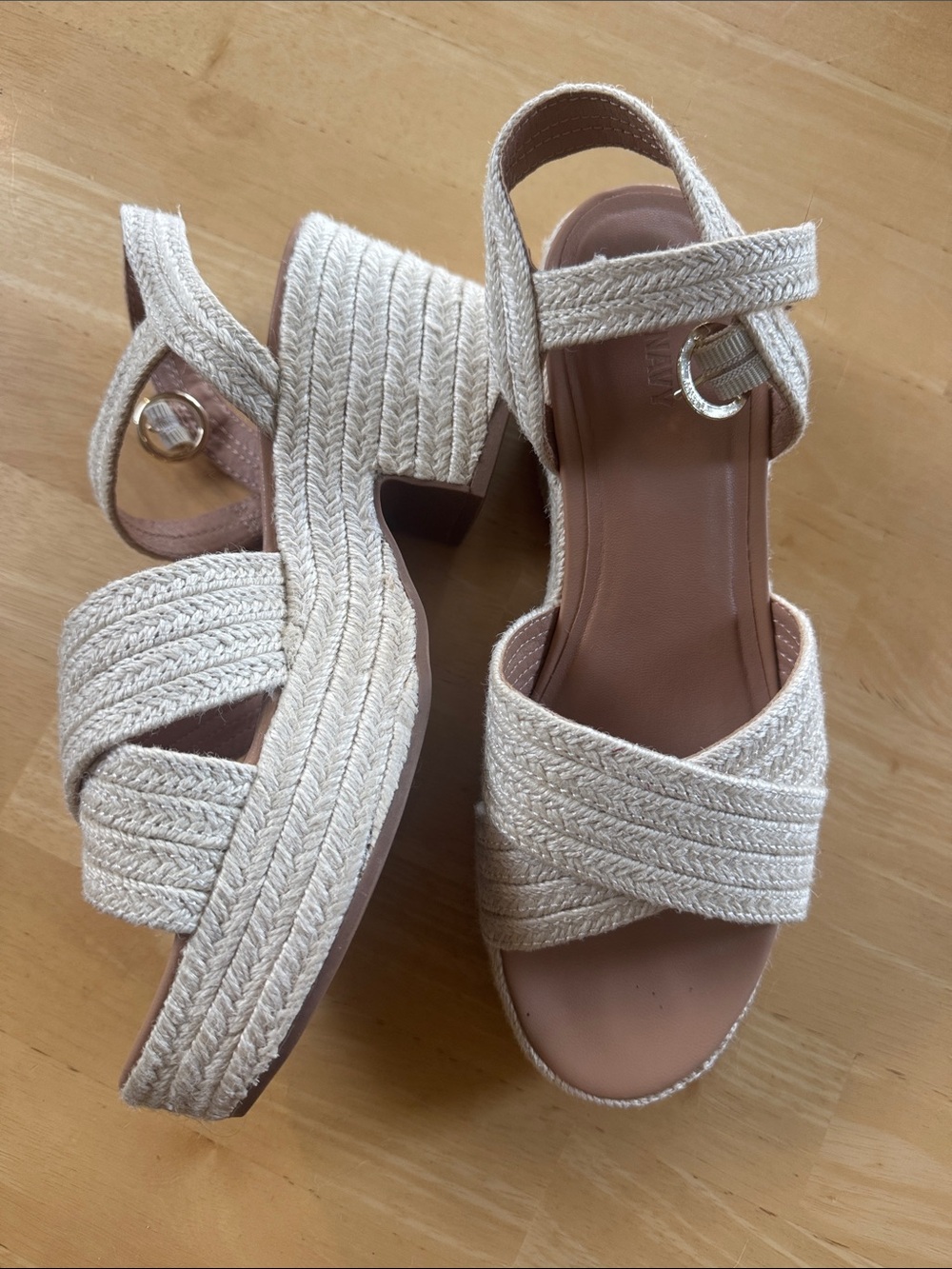 Old Navy Cream Braided Platform Sandals with Ankle Buckle